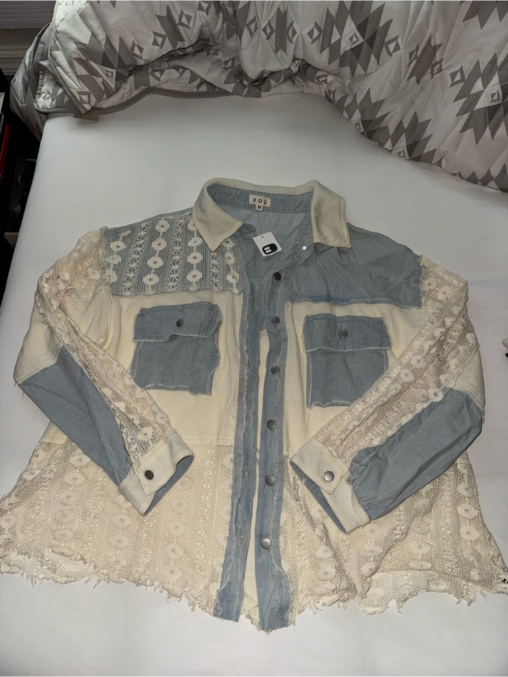 POL lace and denim shacket